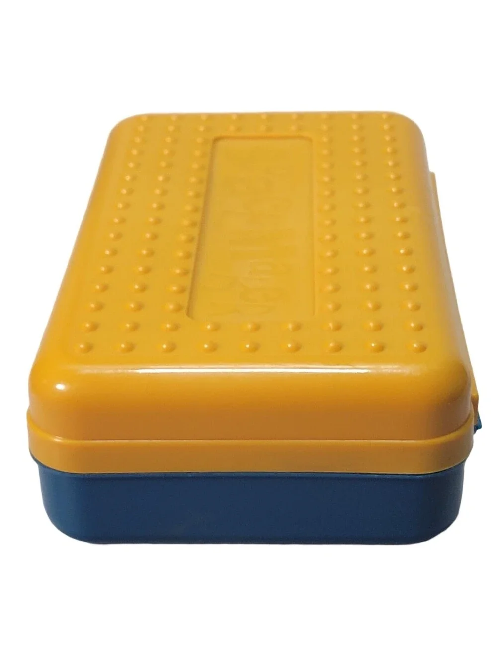 Vintage 90s Spacemaker Hard Pencil Case Box Mustard Top Frosted Teal/Navy Bottom